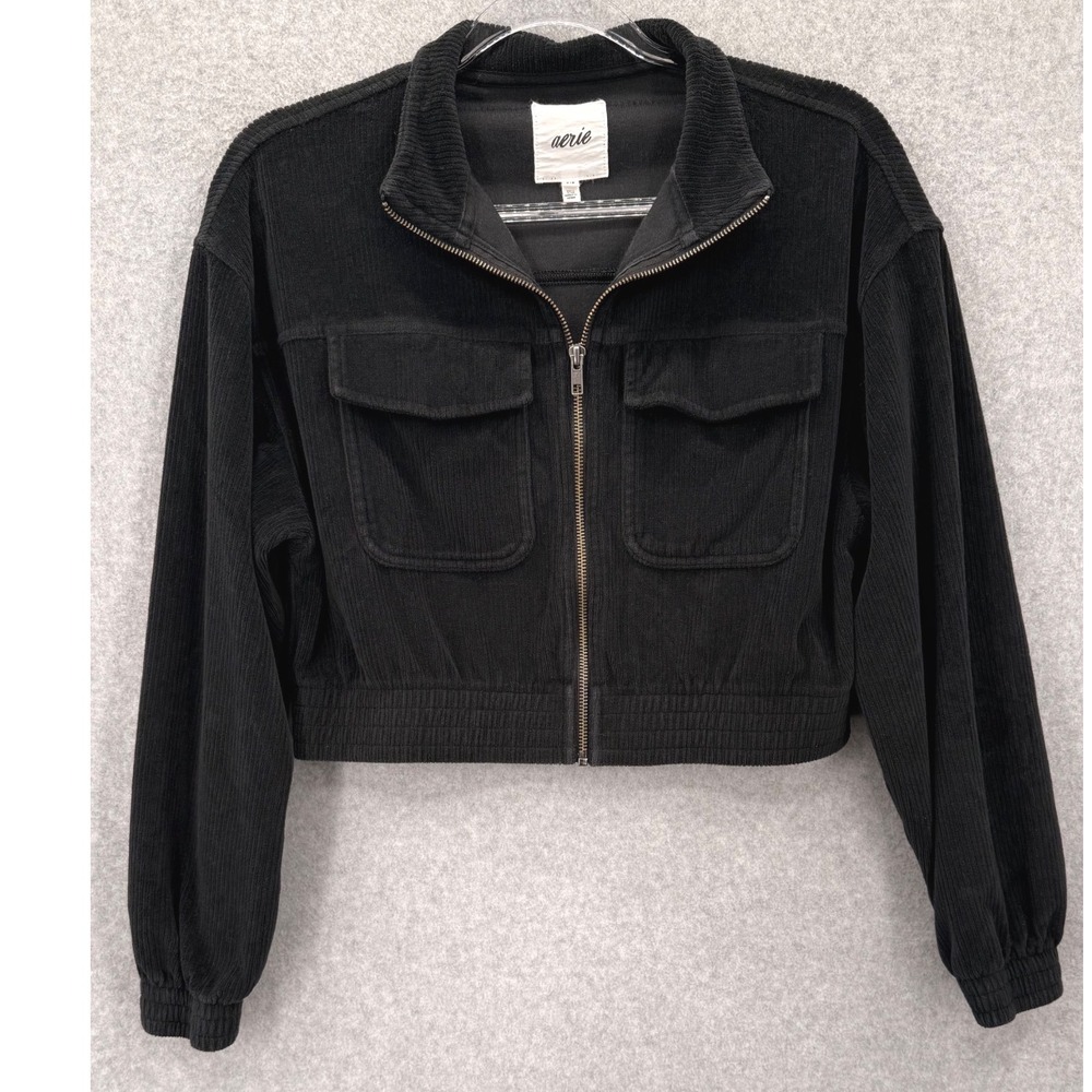Aerie Corduroy Bomber Jacket Women Small Black Full Zip Cropped Utility 3516